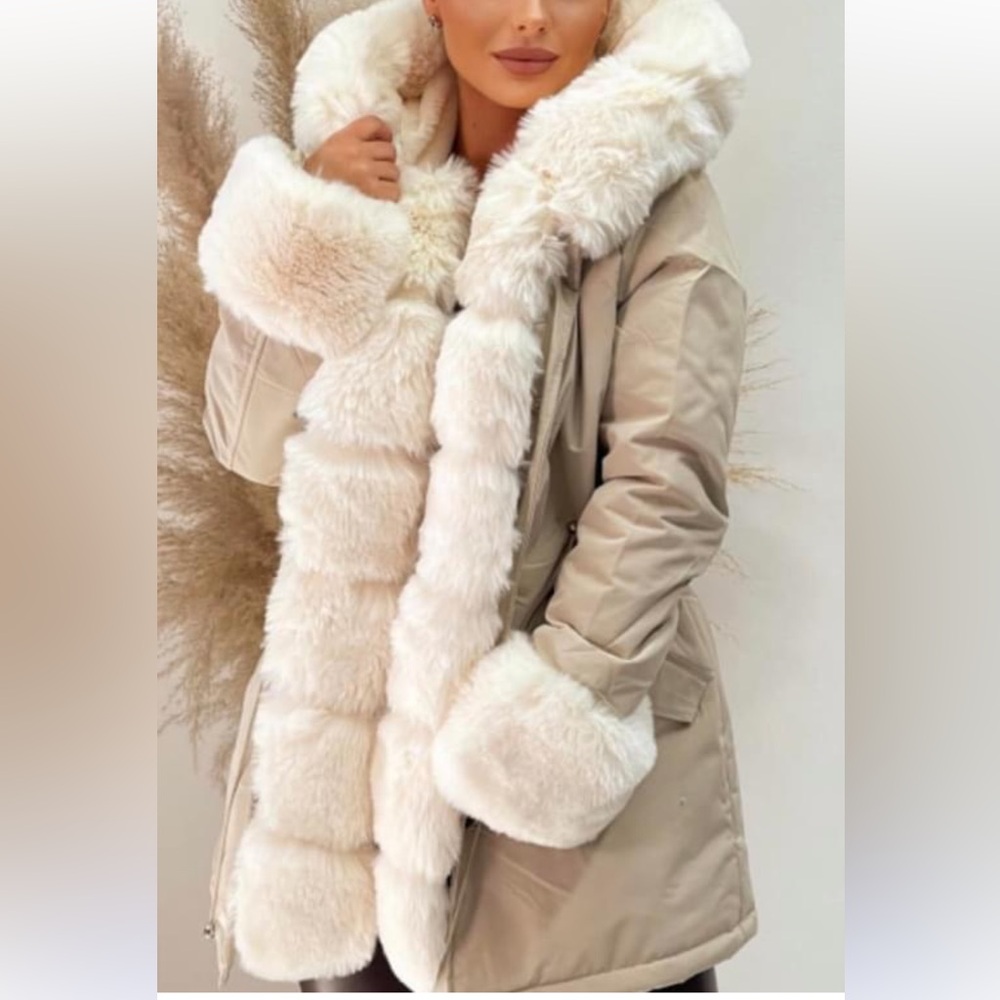 Women's Cream Faux Fur Trim Parka